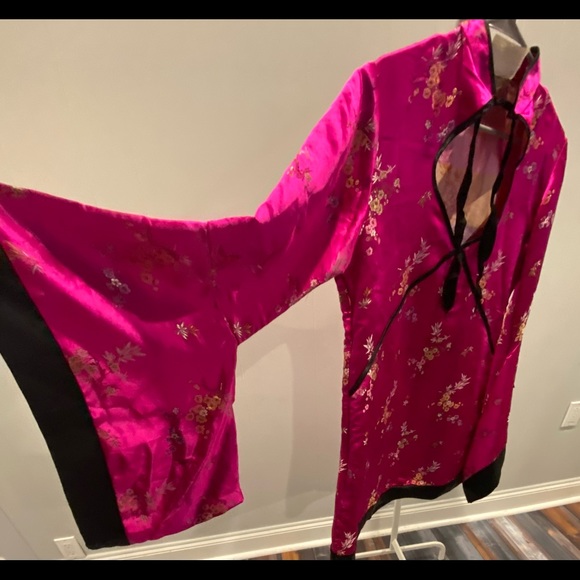 Fuchsia floral print kimono shirt with bell sleeves size L - Picture 3 of 4